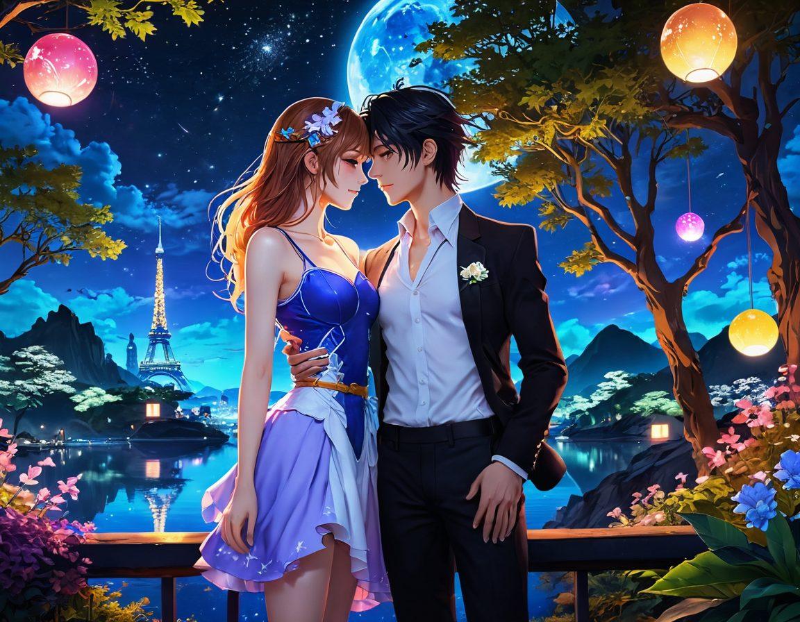 A captivating scene depicting a romantic anime couple embraced in a fantastical gaming landscape, surrounded by vibrant neon lights and lush, mysterious flora. The couple, with expressive features and colorful outfits, exudes warmth and chemistry, enhancing an ambiance of desire and exploration. Ethereal game elements, like floating icons and enchanted portals, intertwine with the character, inviting viewers into the realm of erotic anime gaming. The background features a starry night sky, adding depth and intrigue. vibrant colors. fantasy art. anime style.