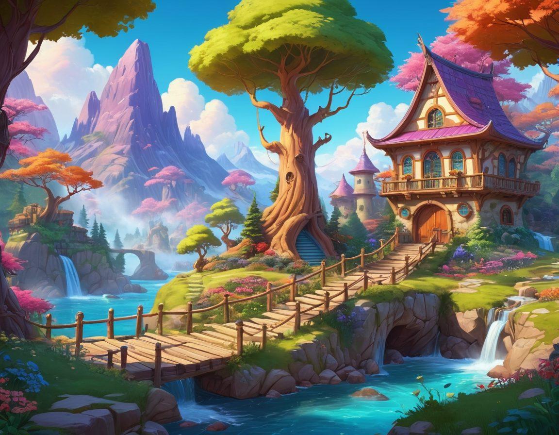 A whimsical fantasy landscape featuring a diverse group of animated characters inspired by popular anime styles, engaging in playful scenes from various adult games. Include vibrant colors, fantasy elements like magical creatures, and immersive backgrounds that hint at adventure and exploration. Add subtle hints of gaming interfaces and mythical items to convey the essence of adult gaming. playful, colorful, and captivating compositions. vibrant colors. cartoon style.